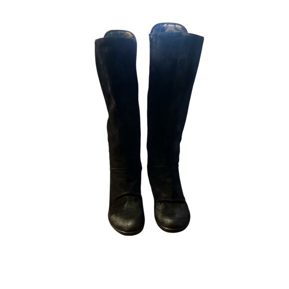 Women 40 Fly London Black Leather Knee-High Heeled Boots Brushed Suede - Picture 2 of 9